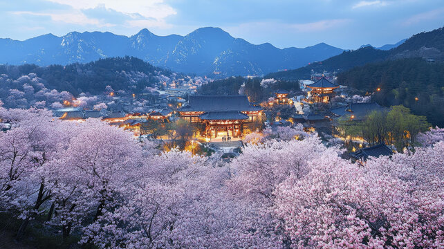 山間寺廟盛開的櫻花