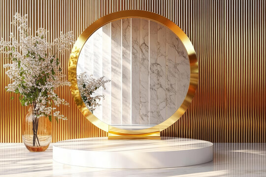 奢華金色圓形展示臺與大理石花卉裝飾