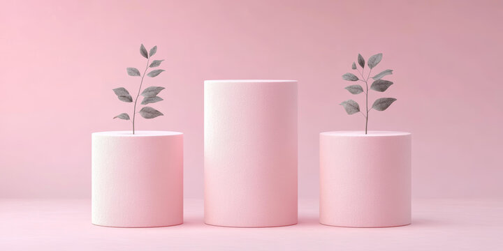 粉紅色圓柱形展示臺與灰色葉片