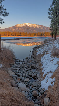 冰封湖畔雪山倒影