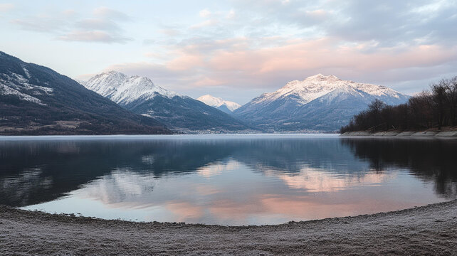 冬日雪山湖畔晨曦倒影美景