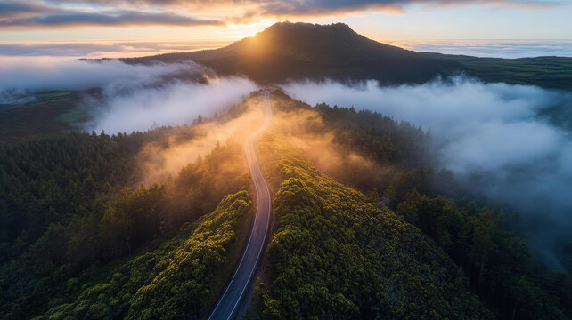 云海中朝陽(yáng)下的山路美景