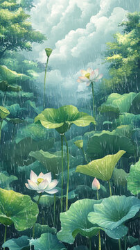雨中荷塘美景圖畫(huà)