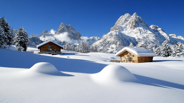 雪山村莊木屋美景