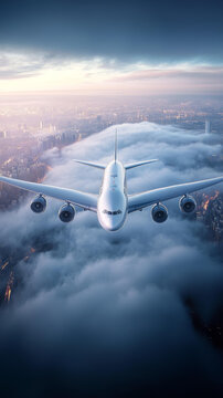 城市上空穿云而過的飛機(jī)