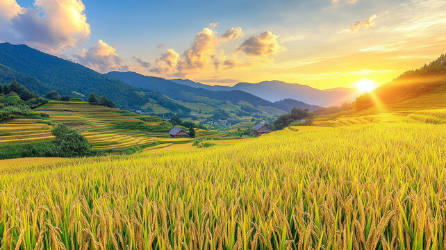 夕陽(yáng)下的金黃梯田美景