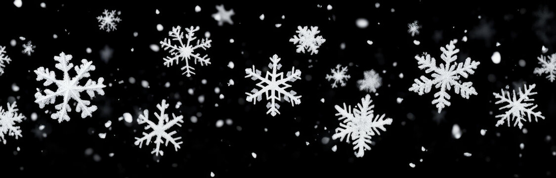 黑色背景下的雪花飄落