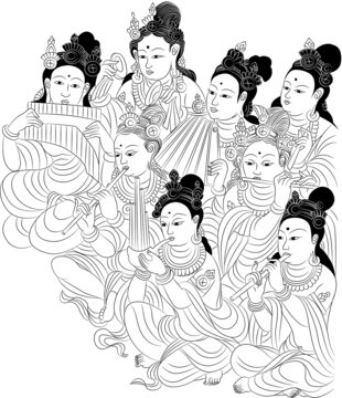 敦煌莫高窟吹笛人物矢量線稿