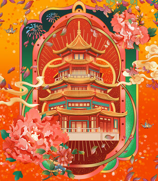 春暖花開蓬萊閣古建筑風景插畫