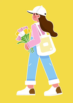 扁平女孩郁金香插畫
