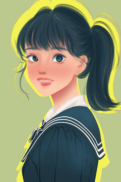 手繪頭像卡通高馬尾女孩頭像