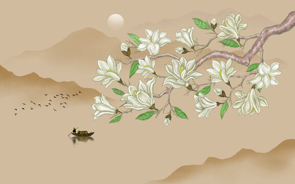 中式玉蘭花山水畫背景墻