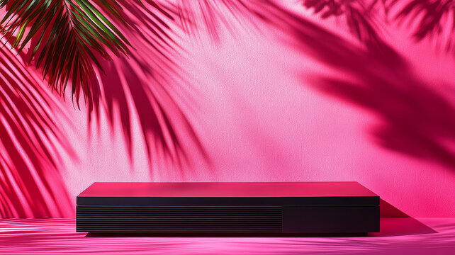 粉色背景下的熱帶棕櫚葉投影和展示臺(tái)
