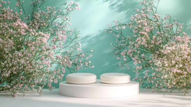 花卉裝飾與白色產(chǎn)品展示臺(tái)
