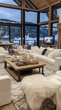 風(fēng)景如畫的雪山小屋客廳