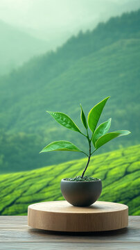 茶樹(shù)盆栽置于茶園背景