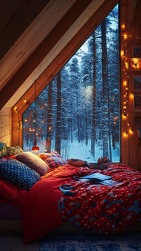 雪景森林小屋臥室溫馨景象