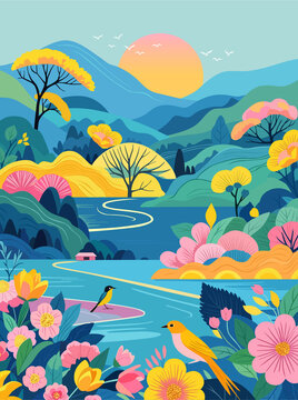 花鳥山水矢量插畫裝飾畫