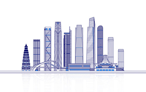 中國(guó)城市濰坊天際線(xiàn)矢量地標(biāo)建筑插畫(huà)