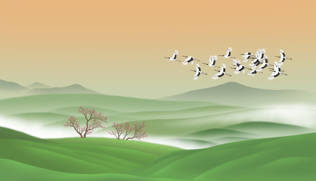 春山仙鶴圖