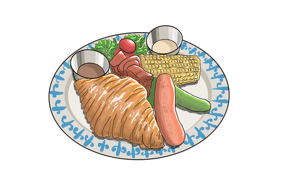 美式可頌早午餐手繪美食插畫