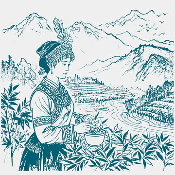 春季采茶忙插畫素描茶葉包裝底紋矢量圖