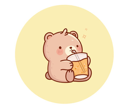 手繪卡通小熊喝奶茶