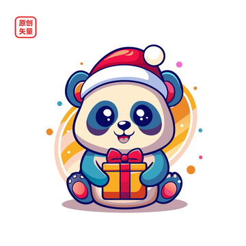 矢量插圖動物戴圣誕帽拿禮物熊貓