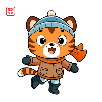 矢量插圖動(dòng)物可愛冬天穿棉衣小老虎