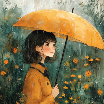 雨中撐傘的少女