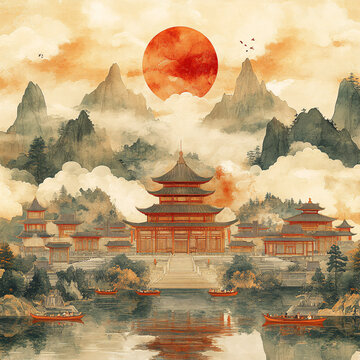 新中式樓閣皇宮山水