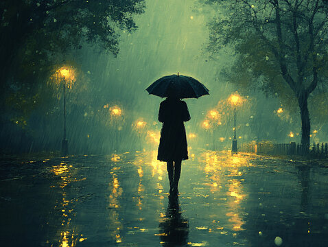 夜雨趕路的女人