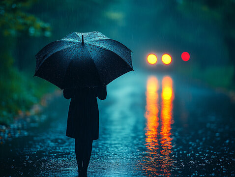 夜雨趕路的女人