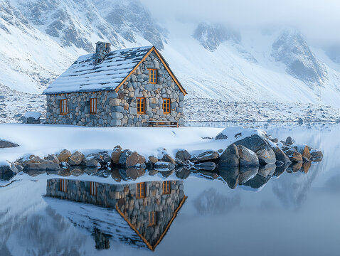 山巒小屋雪景