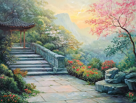 古風(fēng)亭臺樓閣油畫