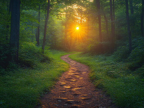 夕陽下的林中小路