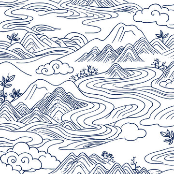 山巒云霧山峰蜿蜒溪流底紋山水畫底紋矢量圖