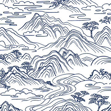 山巒云霧山峰蜿蜒溪流底紋山水畫底紋矢量圖