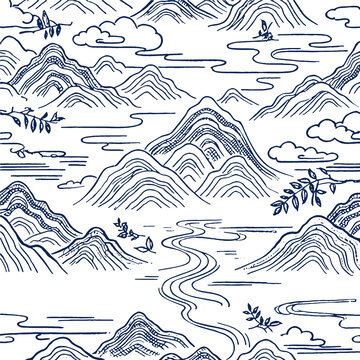 中國風(fēng)山巒云霧山峰溪流底紋山水畫卷背景圖