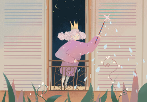 女生在窗邊用魔法澆花插畫