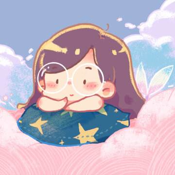可愛眼鏡女孩趴在云朵上