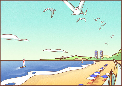 威海城市旅游風(fēng)景系列插畫之國際海水浴場