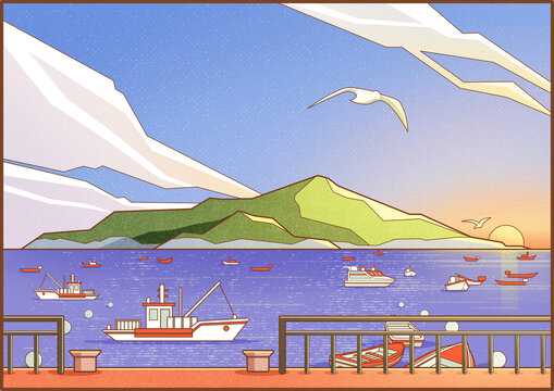 威海城市旅游風(fēng)景插畫(huà)之合慶碼頭眺望劉公島