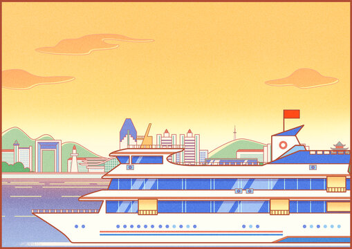 威海城市旅游風(fēng)景系列插畫之僑鄉(xiāng)號(hào)游輪