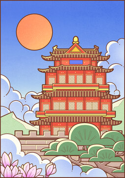 威海城市旅游風(fēng)景系列插畫之環(huán)翠樓