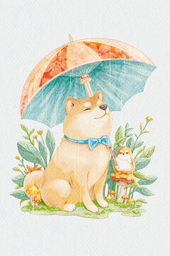 喜歡下雨天的小柴犬插畫