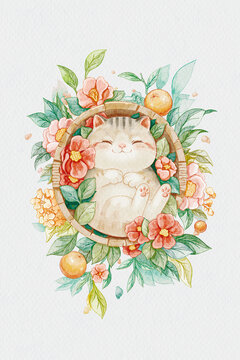喜歡花兒的小貓咪插畫