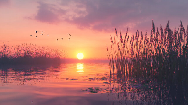 夕陽風(fēng)景蘆葦池塘