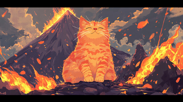 貓在火山爆炸面前