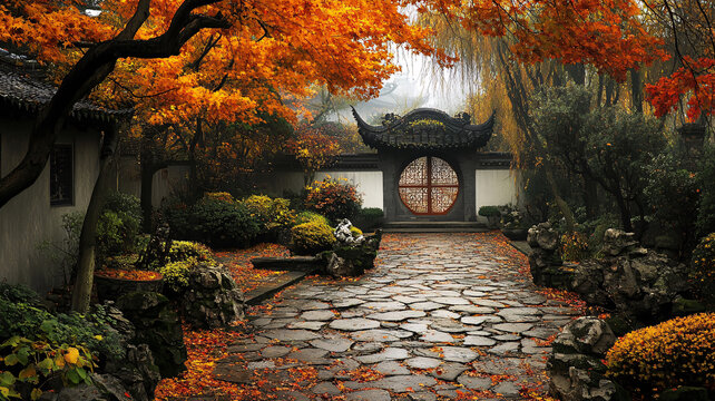 金色秋天中式園林素材